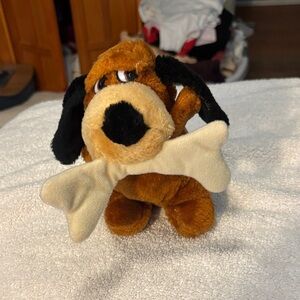Vintage 1980’s Cuddly Brown and Black Plush Dog with Bone
